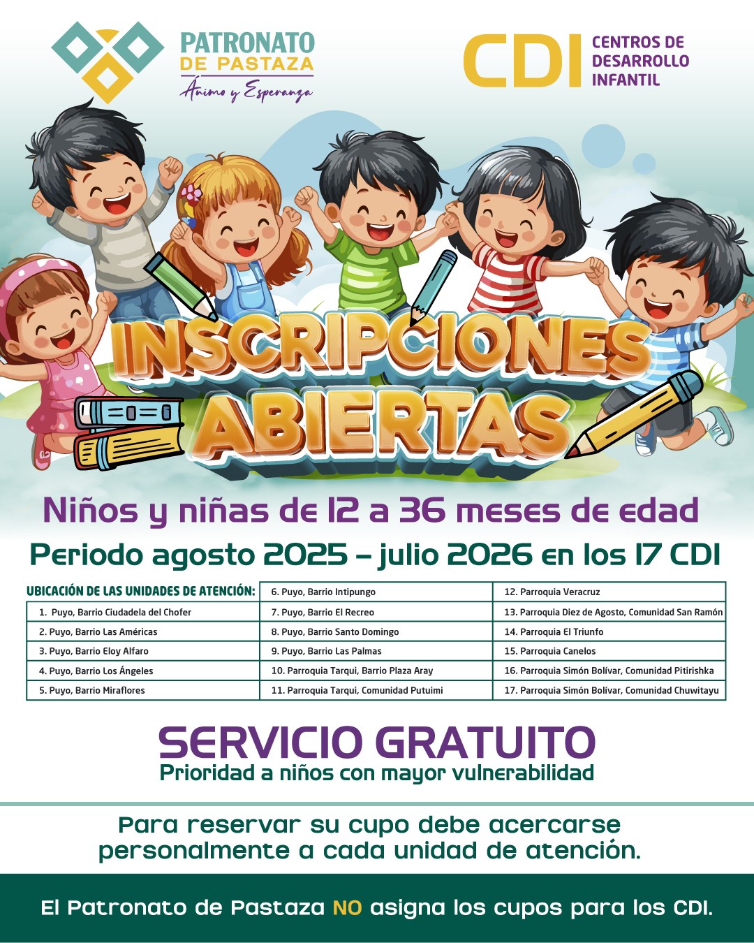 Lee más sobre el artículo Contamos con cupos disponibles para infantes de 12 a 36 meses de edad en nuestros 17 Centros de Desarrollo Infantil (CDI)