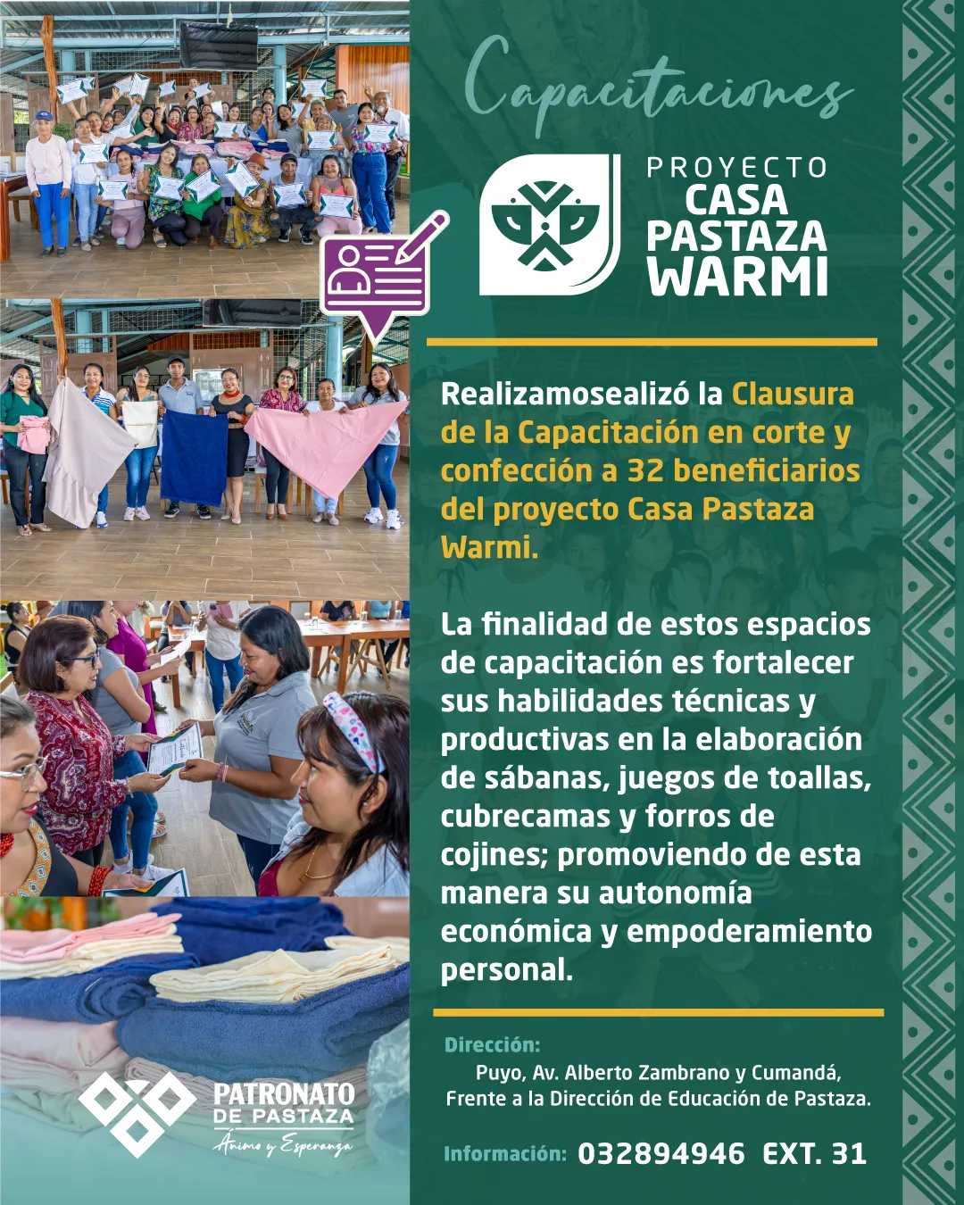 Lee más sobre el artículo Clausura de la Capacitación en corte y confección.